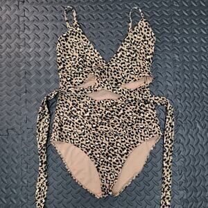 Aerie Leopard One Piece Swimsuit Medium Long Wrap Tie Waist Vacation Beach